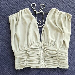 Free People Light Olive Ruched V-Neck Crop Top with Tie